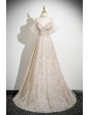 Gorgeous Champagne Tulle Sequined Long Prom Dress With Spaghetti Straps