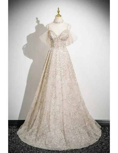 Gorgeous Champagne Tulle Sequined Long Prom Dress With Spaghetti Straps