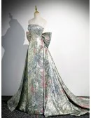 Unique Metallic Floral Pattern Prom Dress With Big Bow Train