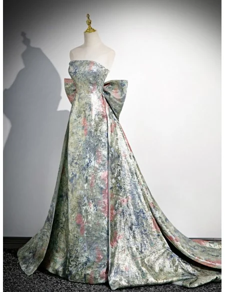 Unique Metallic Floral Pattern Prom Dress With Big Bow Train