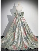 Unique Metallic Floral Pattern Prom Dress With Big Bow Train