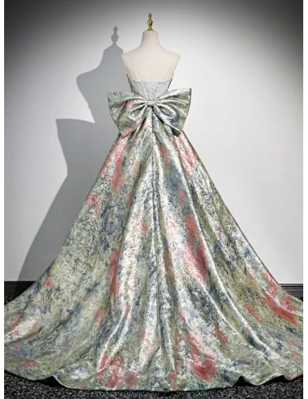 Unique Metallic Floral Pattern Prom Dress With Big Bow Train