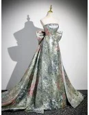 Unique Metallic Floral Pattern Prom Dress With Big Bow Train