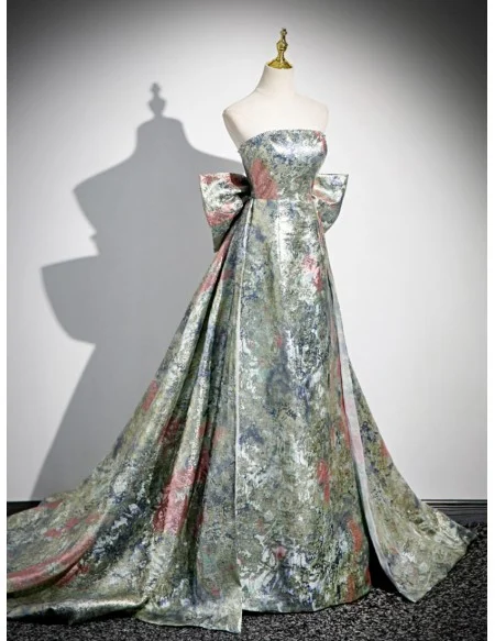 Unique Metallic Floral Pattern Prom Dress With Big Bow Train