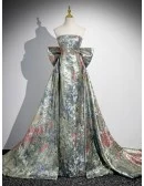 Unique Metallic Floral Pattern Prom Dress With Big Bow Train