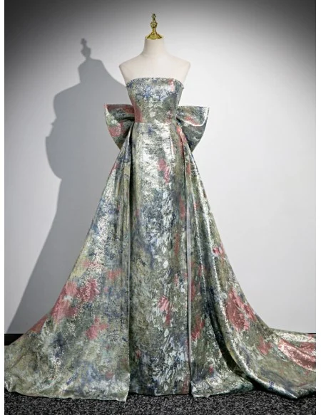 Unique Metallic Floral Pattern Prom Dress With Big Bow Train