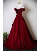 Pleated Off Shoulder Burgundy Long Ballgown Prom Dress With Knots