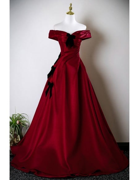 Pleated Off Shoulder Burgundy Long Ballgown Prom Dress With Knots