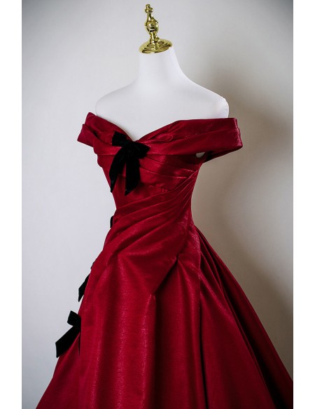 Pleated Off Shoulder Burgundy Long Ballgown Prom Dress With Knots