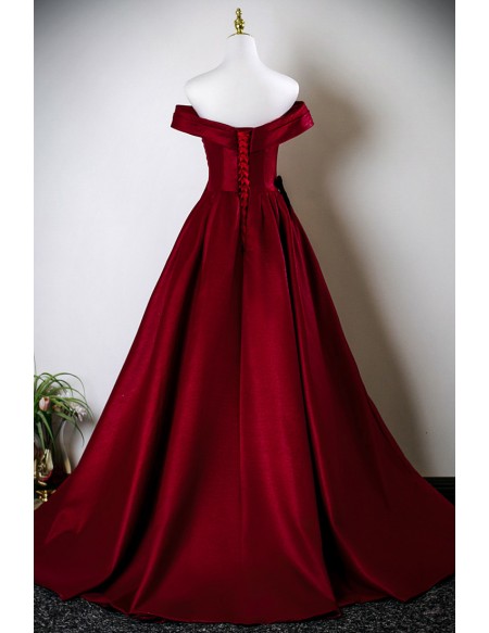 Pleated Off Shoulder Burgundy Long Ballgown Prom Dress With Knots
