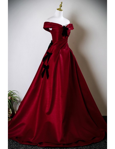 Pleated Off Shoulder Burgundy Long Ballgown Prom Dress With Knots