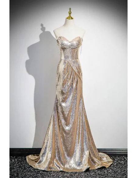 Sparkly Gold Sequined Mermaid Party Prom Dress Elegant