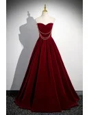 Elegant Burgundy Long Velvet Prom Dress With Pearls Accent