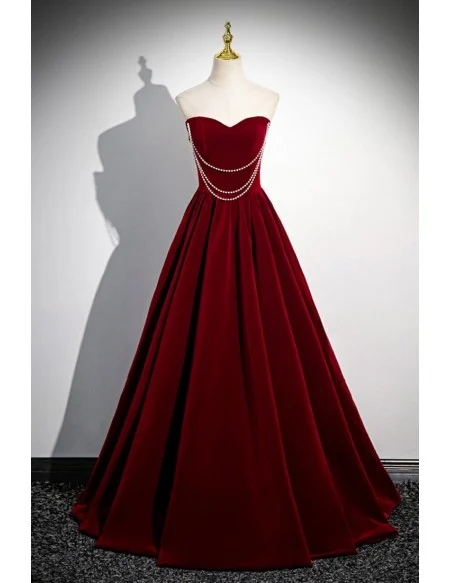 Elegant Burgundy Long Velvet Prom Dress With Pearls Accent