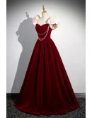 Elegant Burgundy Long Velvet Prom Dress With Pearls Accent