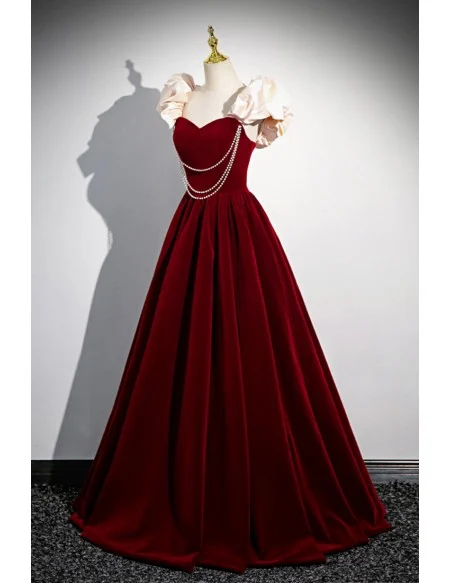 Elegant Burgundy Long Velvet Prom Dress With Pearls Accent