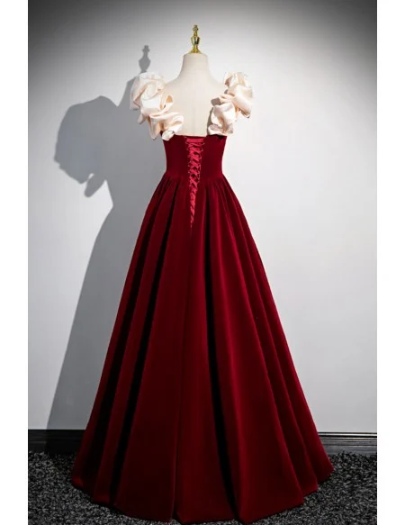 Elegant Burgundy Long Velvet Prom Dress With Pearls Accent