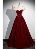 Elegant Burgundy Long Velvet Prom Dress With Pearls Accent