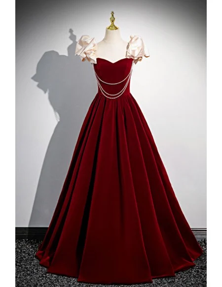 Elegant Burgundy Long Velvet Prom Dress With Pearls Accent