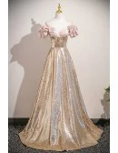 Pink And Gold Sparkly Sequined Party Prom Dress With Off Shoulder Sleeves