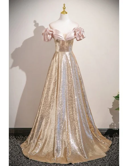 Pink And Gold Sparkly Sequined Party Prom Dress With Off Shoulder Sleeves