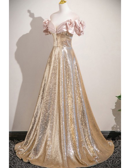 Pink And Gold Sparkly Sequined Party Prom Dress With Off Shoulder Sleeves