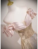 Pink And Gold Sparkly Sequined Party Prom Dress With Off Shoulder Sleeves