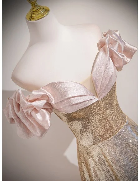 Pink And Gold Sparkly Sequined Party Prom Dress With Off Shoulder Sleeves