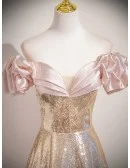 Pink And Gold Sparkly Sequined Party Prom Dress With Off Shoulder Sleeves