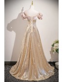 Pink And Gold Sparkly Sequined Party Prom Dress With Off Shoulder Sleeves