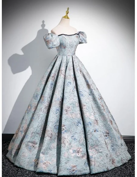 Unique Floral Pattern Ruffled Ballgown Prom Dress With Off Shoulder
