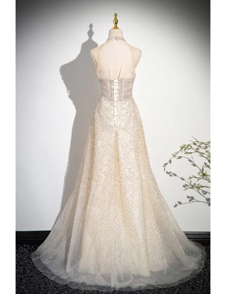 Elegant Champagne Sequined Long Prom Dress With Tassels
