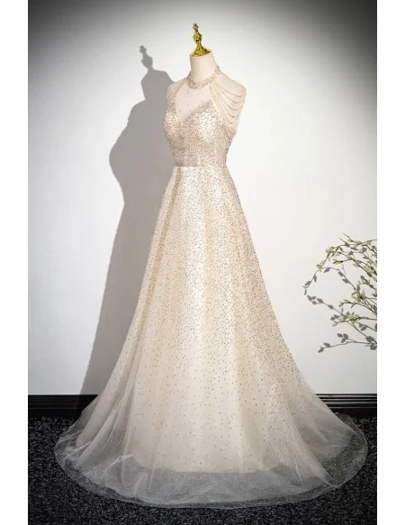 Elegant Champagne Sequined Long Prom Dress With Tassels