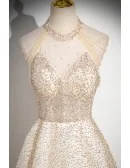 Elegant Champagne Sequined Long Prom Dress With Tassels