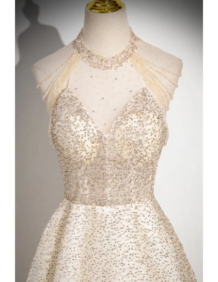 Elegant Champagne Sequined Long Prom Dress With Tassels