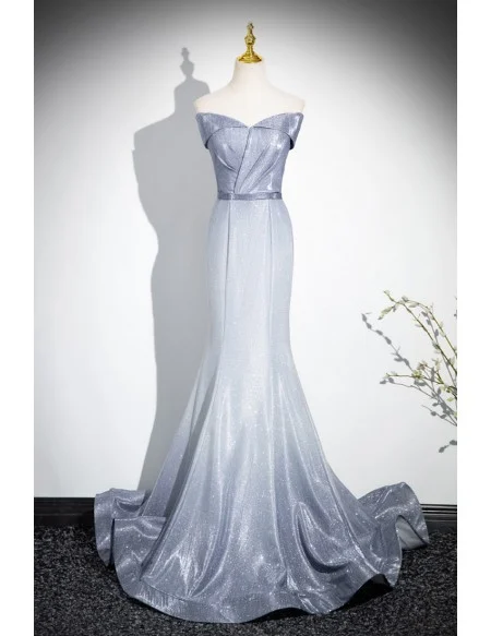Ombre Grey Blue Mermaid Off Shoulder Prom Dress With Ruffles