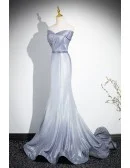 Ombre Grey Blue Mermaid Off Shoulder Prom Dress With Ruffles