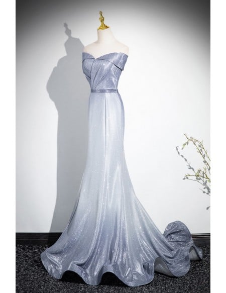 Ombre Grey Blue Mermaid Off Shoulder Prom Dress With Ruffles