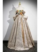 Metallic Gold With Sequined Flowers Prom Dress With Big Bow