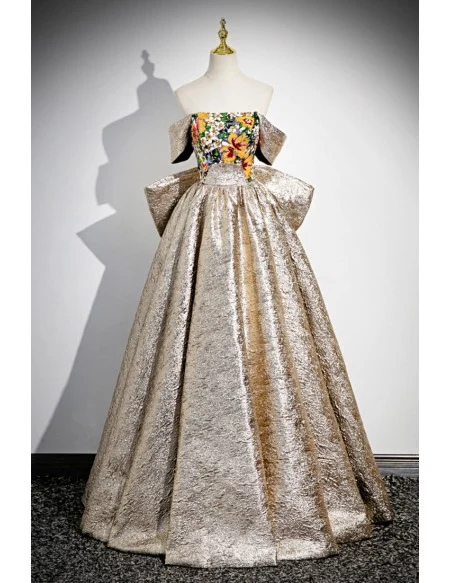Metallic Gold With Sequined Flowers Prom Dress With Big Bow