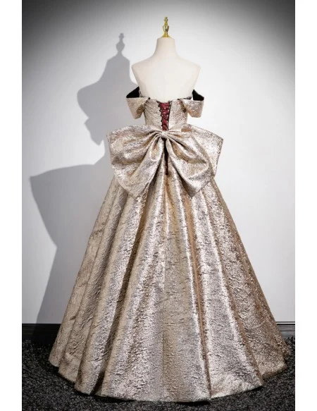 Metallic Gold With Sequined Flowers Prom Dress With Big Bow