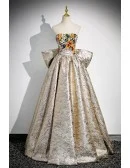 Metallic Gold With Sequined Flowers Prom Dress With Big Bow