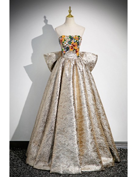 Metallic Gold With Sequined Flowers Prom Dress With Big Bow