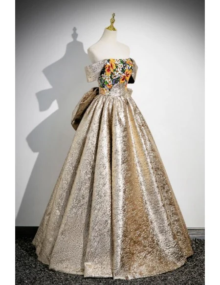 Metallic Gold With Sequined Flowers Prom Dress With Big Bow
