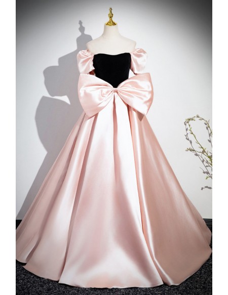 Cute Pink And Black Big Bow Ballgown Prom Dress With Short Sleeves