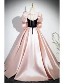 Cute Pink And Black Big Bow Ballgown Prom Dress With Short Sleeves