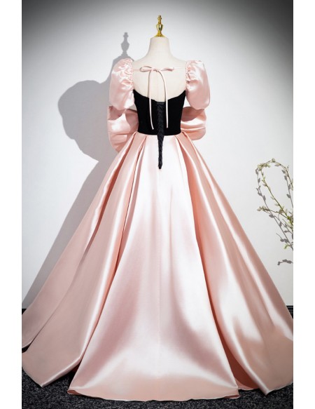 Cute Pink And Black Big Bow Ballgown Prom Dress With Short Sleeves
