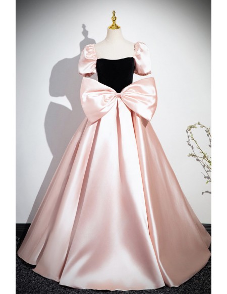 Cute Pink And Black Big Bow Ballgown Prom Dress With Short Sleeves