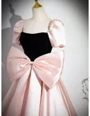 Cute Pink And Black Big Bow Ballgown Prom Dress With Short Sleeves