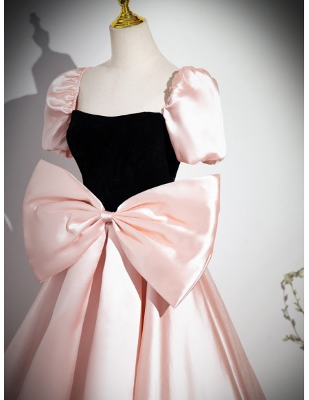 Cute Pink And Black Big Bow Ballgown Prom Dress With Short Sleeves